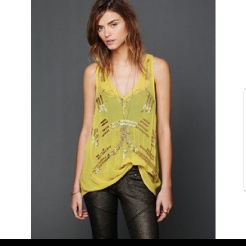 Free People Follow My Lead Beaded Tank Yellow XS